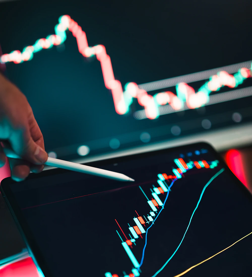 Tablet showing market analytics charts